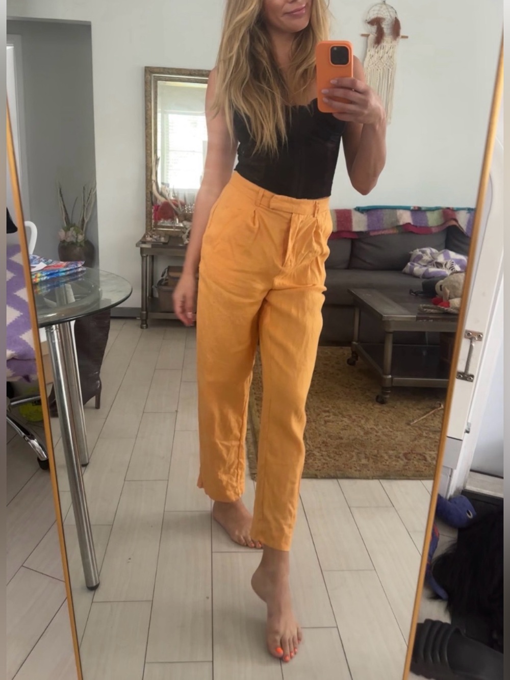 NA-KD orange linen look high waisted wide leg trousers